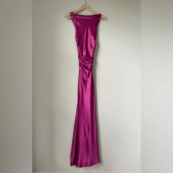 NEW Reformation Anaiis Long Silk Dress Hibiscus Tea Dark Pink Magenta | US 2 UK6 - Picture 10 of 16
